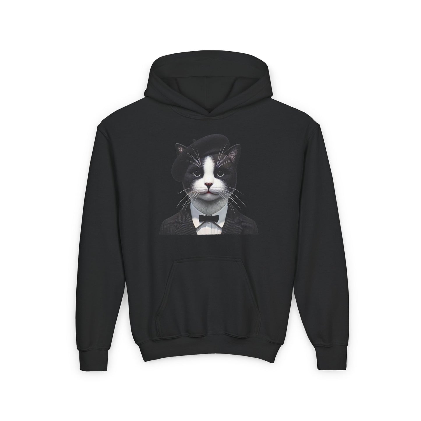 Tuxedo Cat Wearing A Tuxedo And A Beret- Youth Hoodie - Too Cute Pets