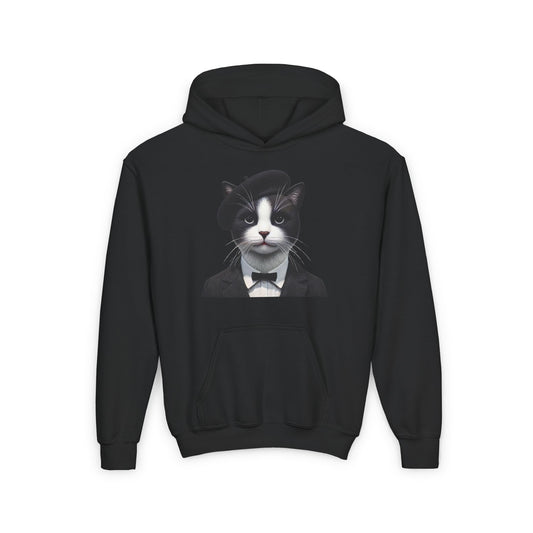 Tuxedo Cat Wearing A Tuxedo And A Beret- Youth Hoodie