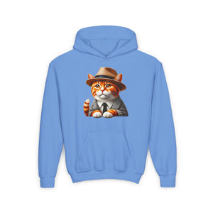 Tabby Cat Dressed In A Suit and Fedora Hat Youth Hoodie - Too Cute Pets