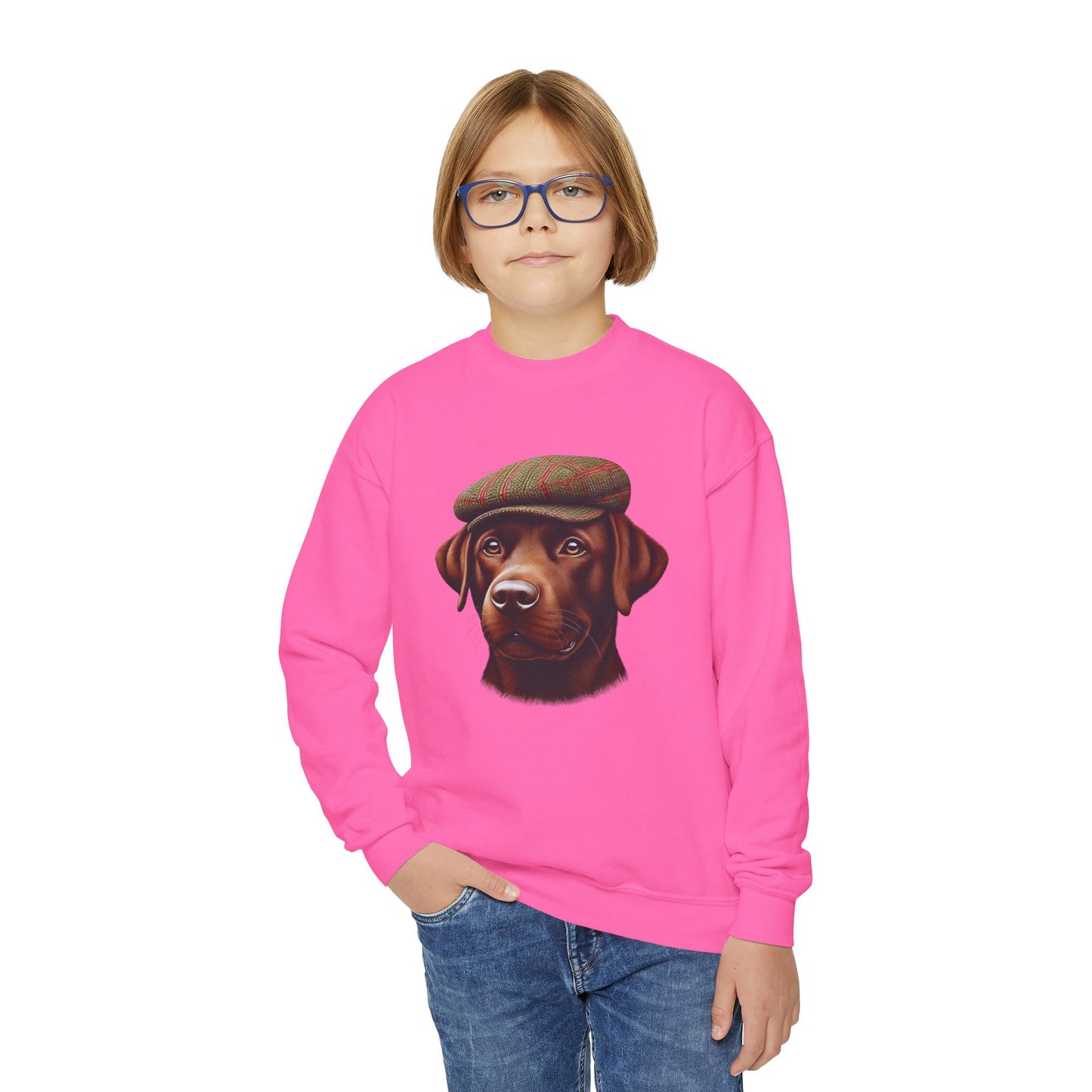 Brown Labrador With Tweed Flat Cap - Youth Crewneck Sweatshirt - Too Cute Pets
