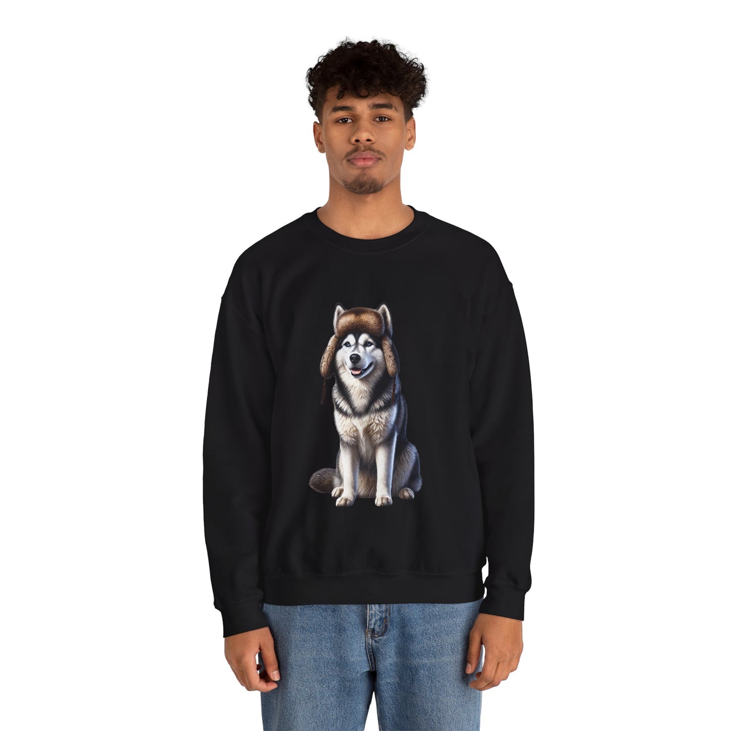 Husky in Fur Trappers Hat - Adult Crewneck Sweatshirt - Too Cute Pets