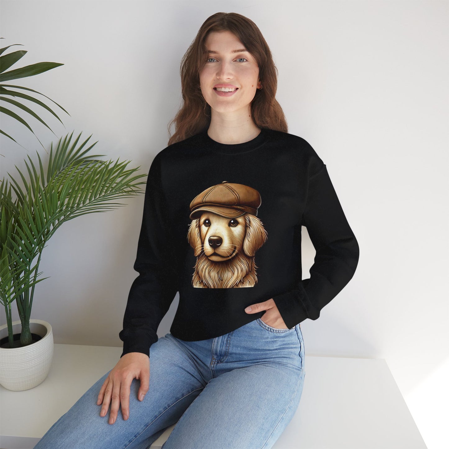 Golden Retriever In Newsboy Hat - Adult Crewneck Sweatshirt - Too Cute Pets