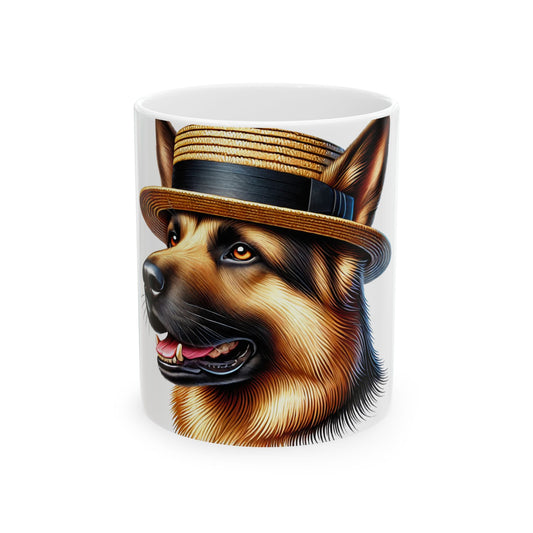 German Shepherd Wearing a Boater Hat - Ceramic Mug