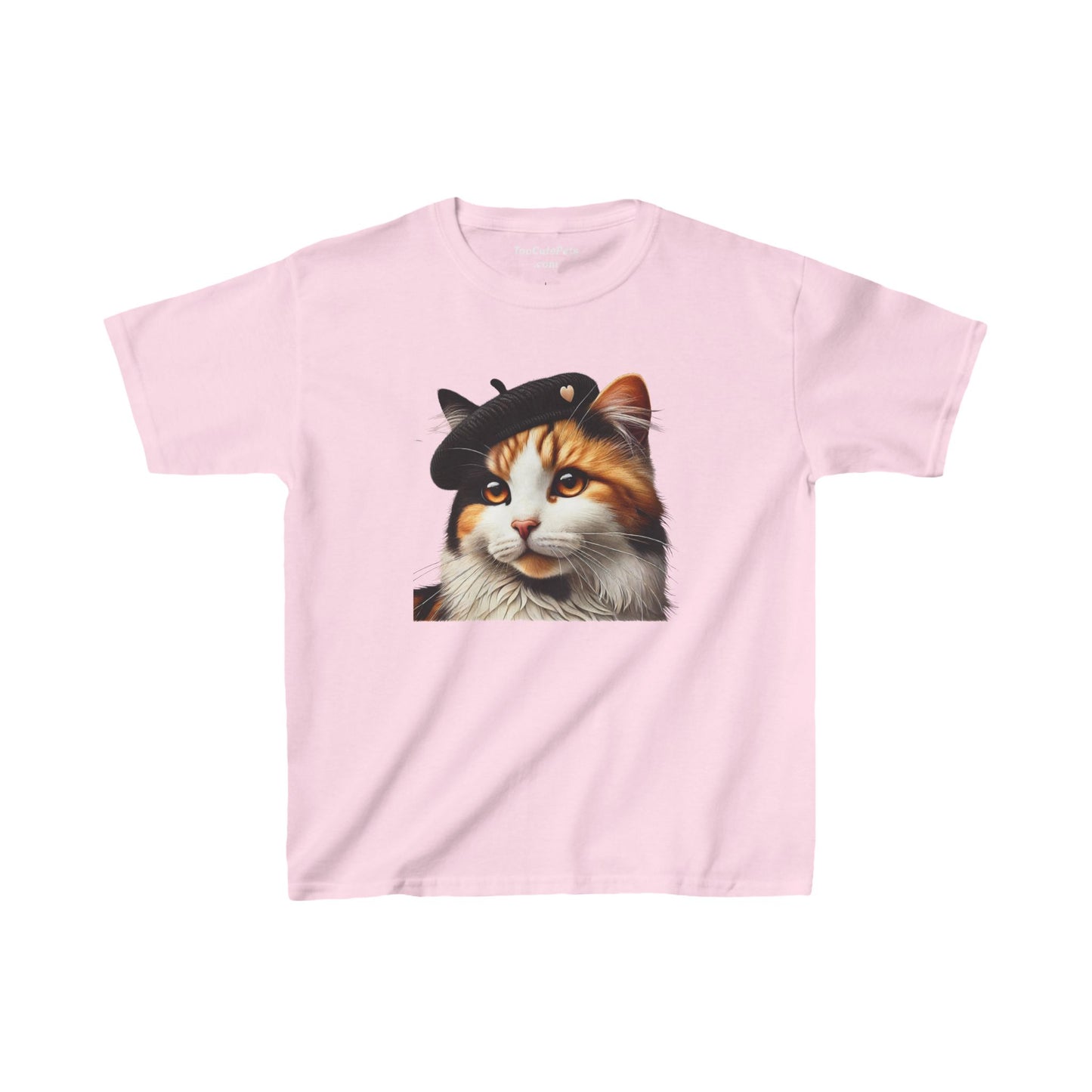 Calico Cat Wearing a Heart Beret Youth T-Shirt - Too Cute Pets