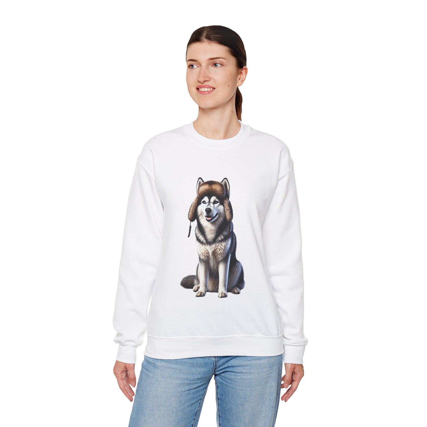 Husky in Fur Trappers Hat - Adult Crewneck Sweatshirt - Too Cute Pets
