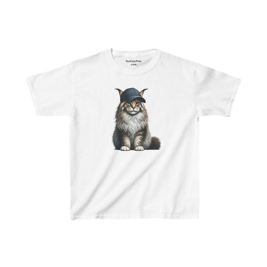 Maine Coon Cat Wearing Baseball Cap - Youth T-Shirt