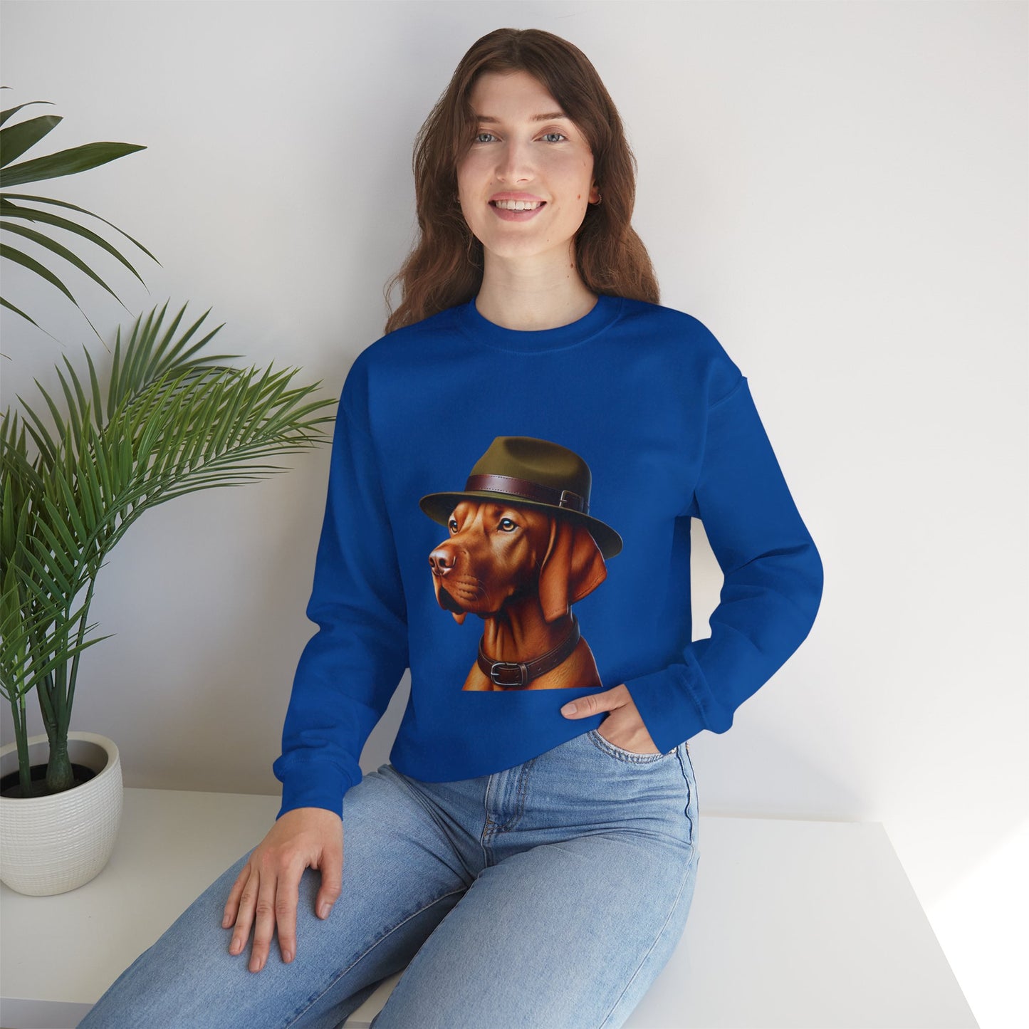 Dashing Vizsla Wearing A Campaign Hat- Adult Crewneck Sweatshirt - Too Cute Pets