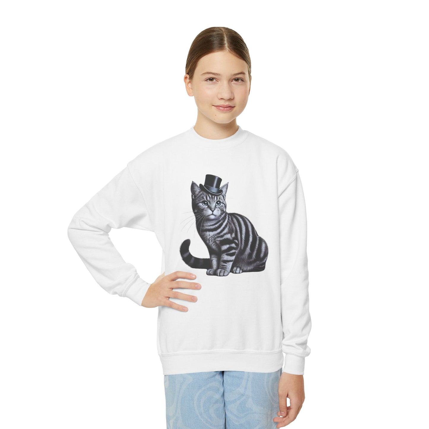 Tabby Wearing Top Hat Youth Sweatshirt (Black & White Image) - Too Cute Pets