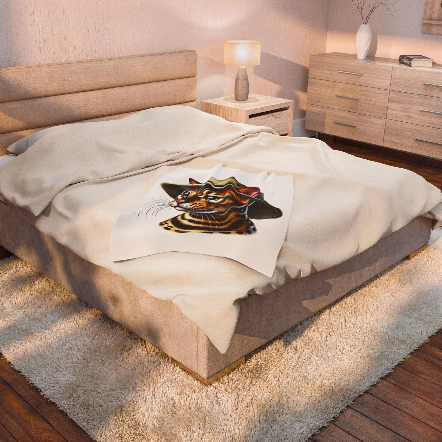 Bengal Cat Wearing a Safari Hat - Sherpa Blanket