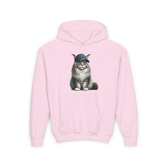 Maine Coon Wearing Baseball Cap - Hooded Youth Sweatshirt