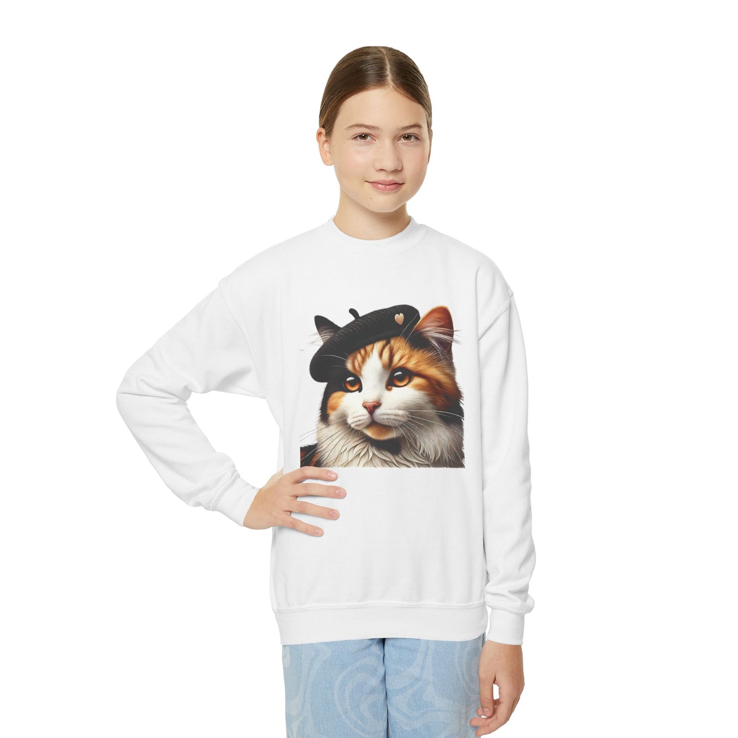 Calico Cat Wearing a Heart Beret - Youth Crewneck Sweatshirt - Too Cute Pets