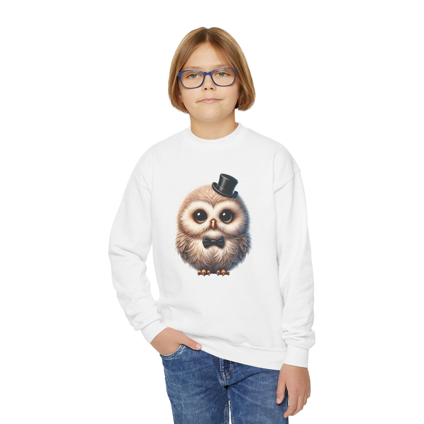 Owl Wearing A Top Hat Youth Crewneck Sweatshirt - Too Cute Pets