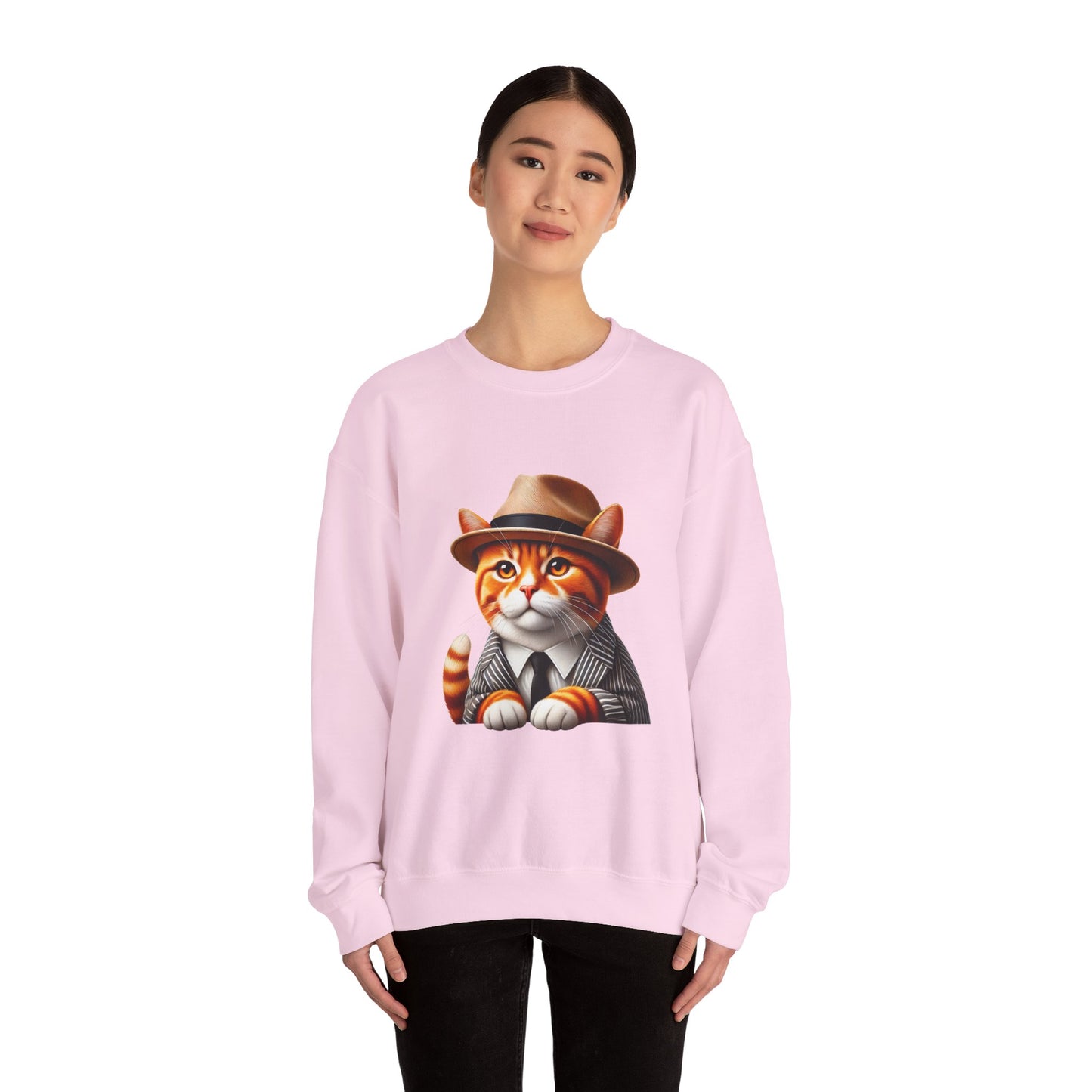 Tabby Cat in Fedora & Suit – Adult Unisex Crewneck Sweatshirt
