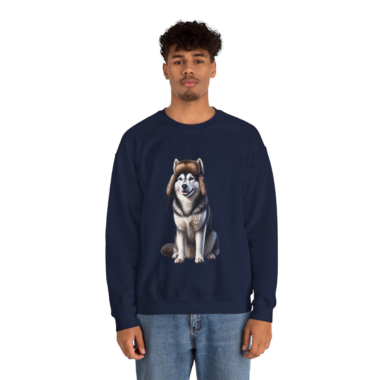Husky in Fur Trappers Hat - Adult Crewneck Sweatshirt - Too Cute Pets