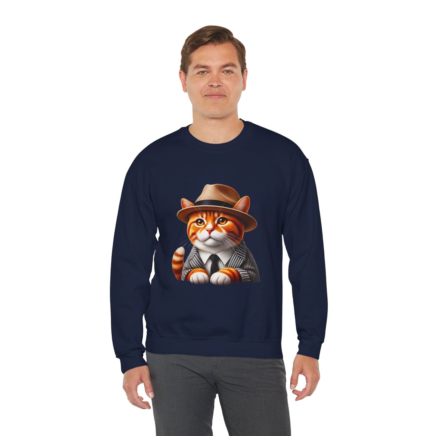 Tabby Cat in Fedora & Suit – Adult Unisex Crewneck Sweatshirt