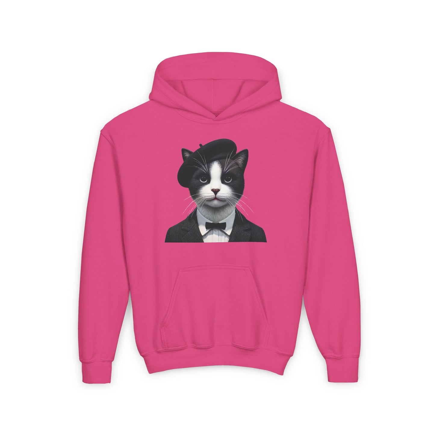 Tuxedo Cat Wearing A Tuxedo And A Beret- Youth Hoodie - Too Cute Pets