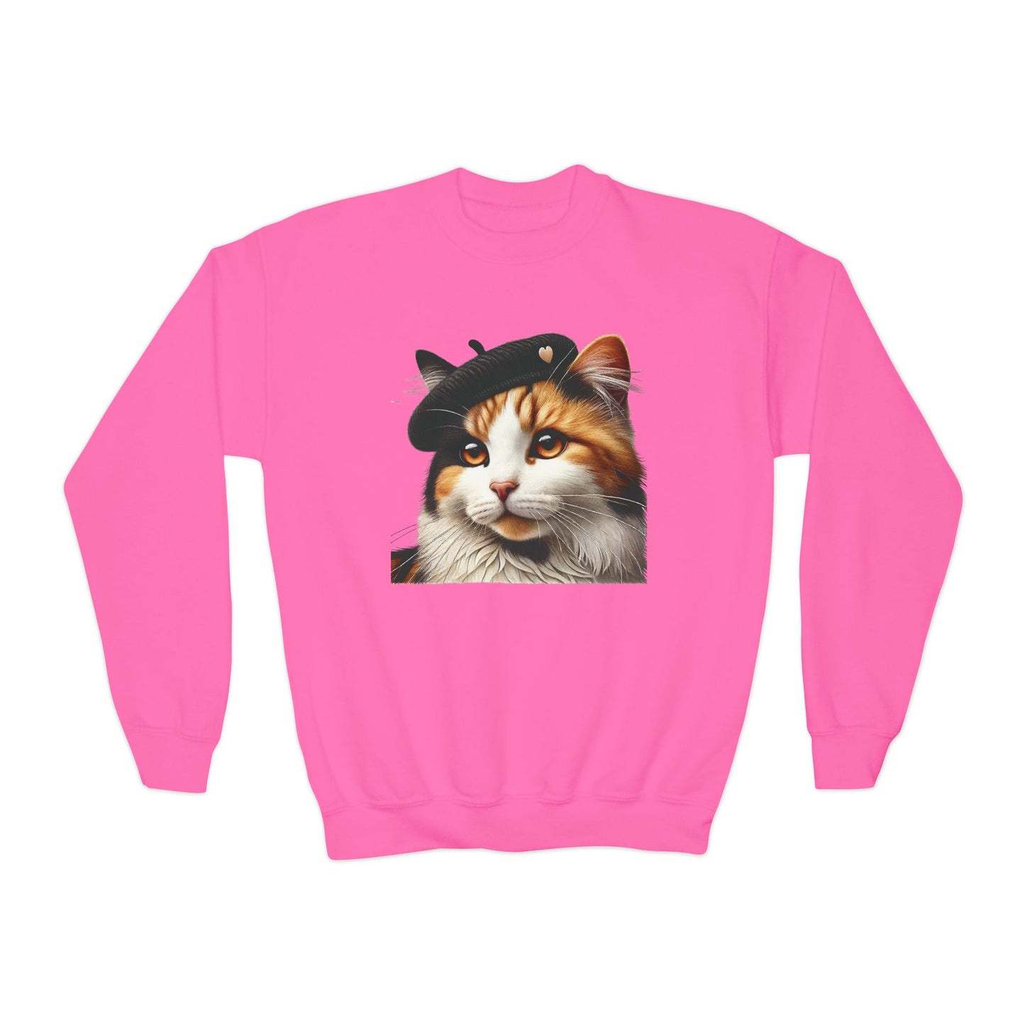 Calico Cat Wearing a Heart Beret - Youth Crewneck Sweatshirt - Too Cute Pets
