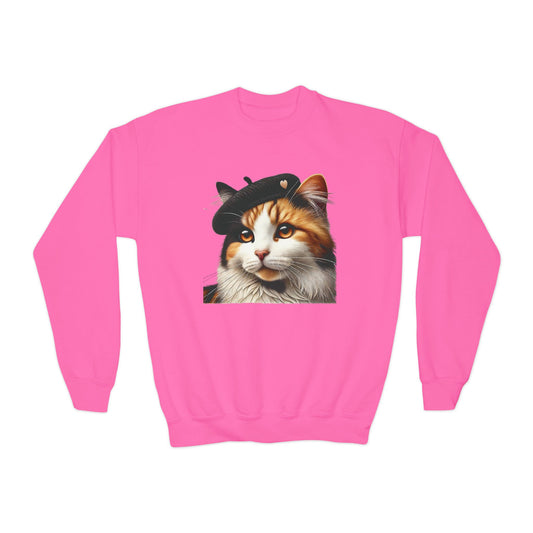 Calico Cat Wearing a Heart Beret - Youth Crewneck Sweatshirt