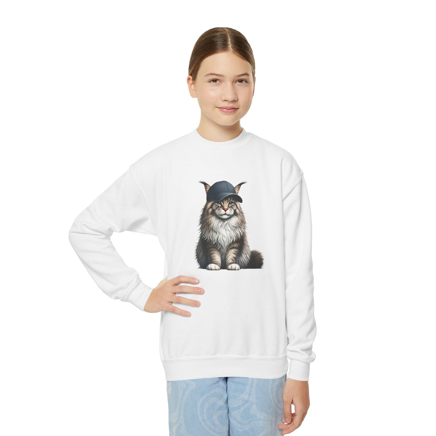 Maine Coon Wearing Baseball Cap - Youth Crewneck Sweatshirt - Too Cute Pets