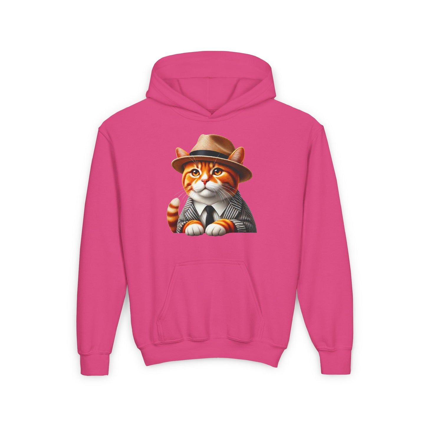 Tabby Cat Dressed In A Suit and Fedora Hat Youth Hoodie - Too Cute Pets