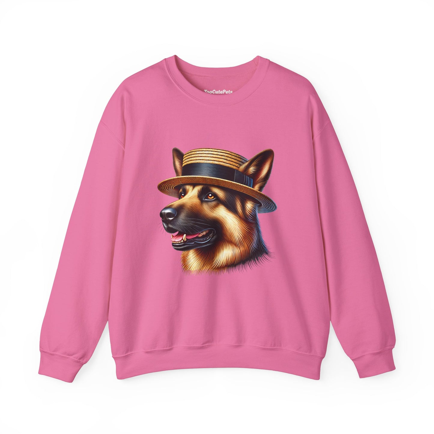 German Shepherd Wearing Boater Hat - Adult Crewneck Sweatshirt - Too Cute Pets
