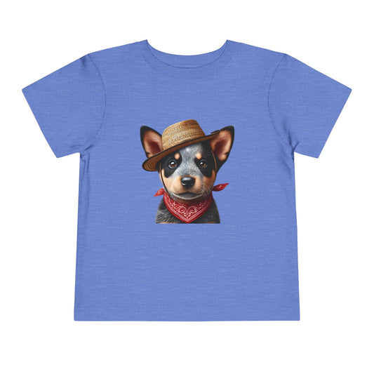 Cattle Dog Puppy Wearing Bandana & Straw Hat Toddler Tee