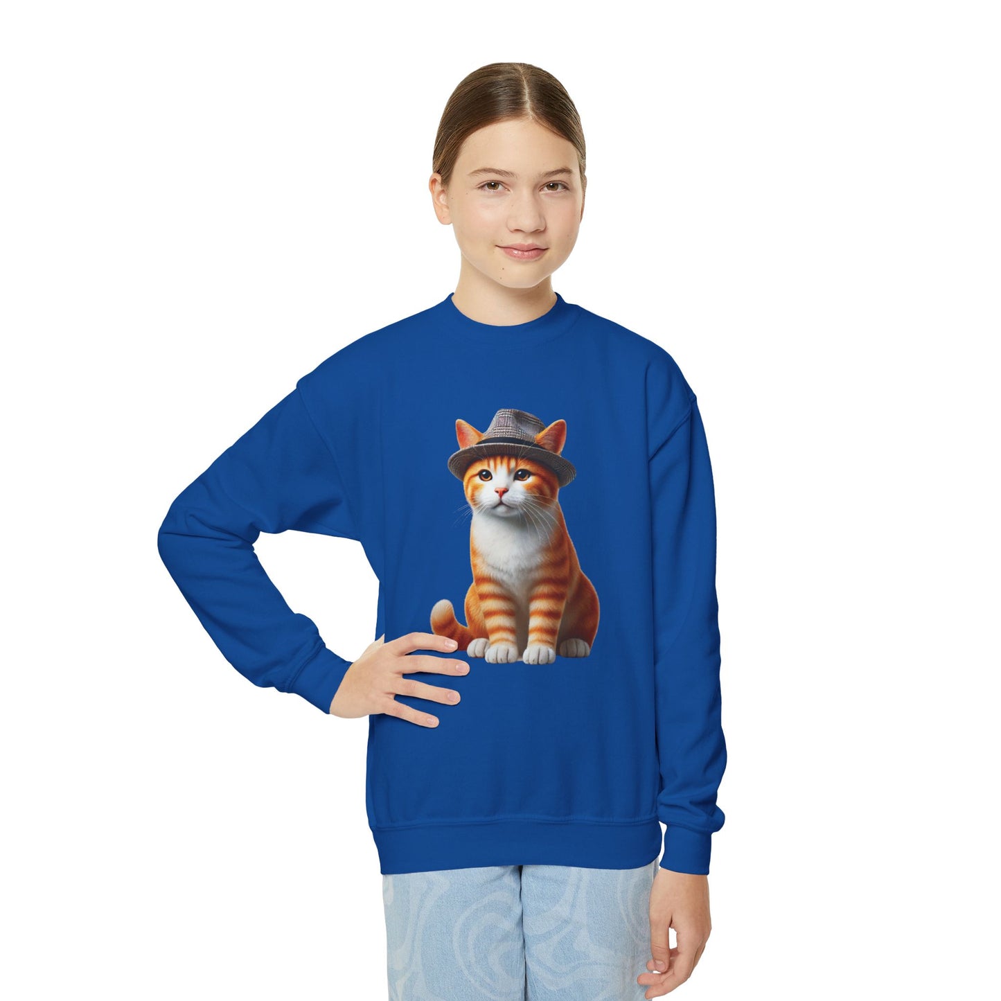 Tabby Kitten With Fedora Hat- Youth Crewneck Sweatshirt - Too Cute Pets