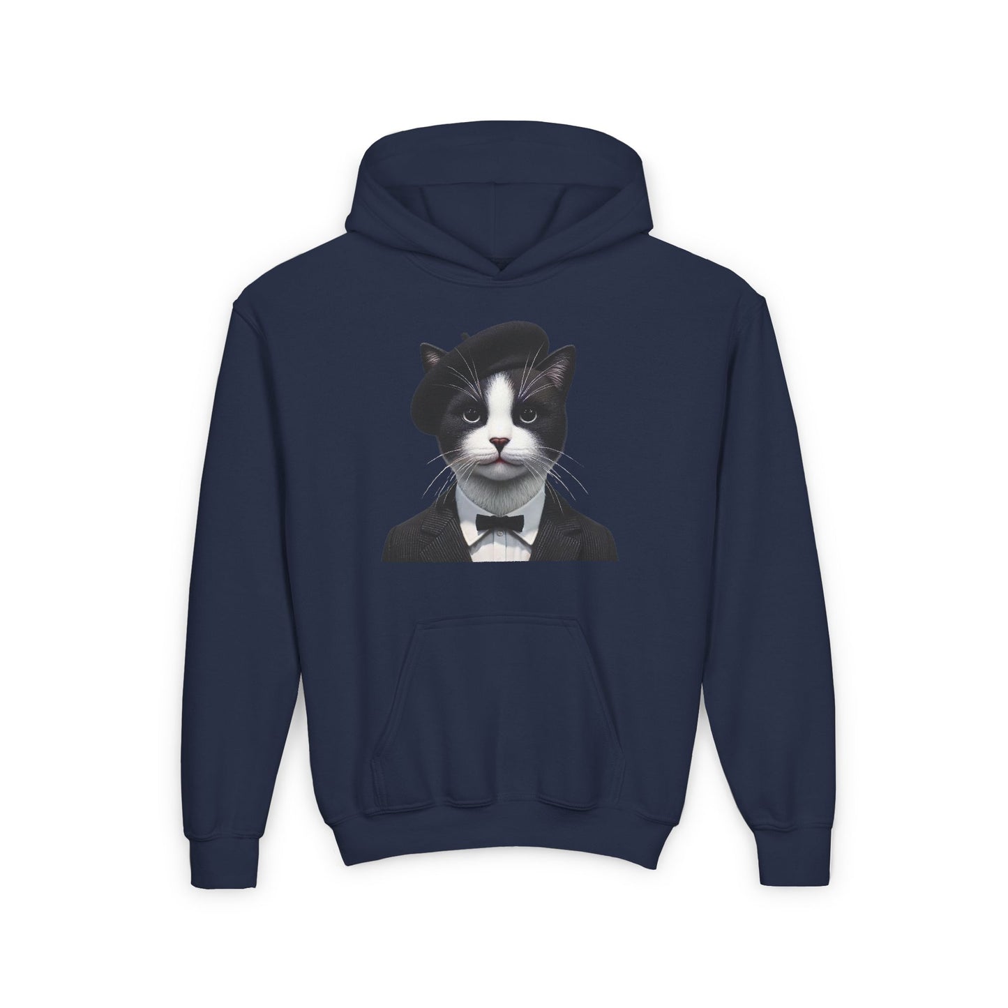 Tuxedo Cat Wearing A Tuxedo And A Beret- Youth Hoodie - Too Cute Pets