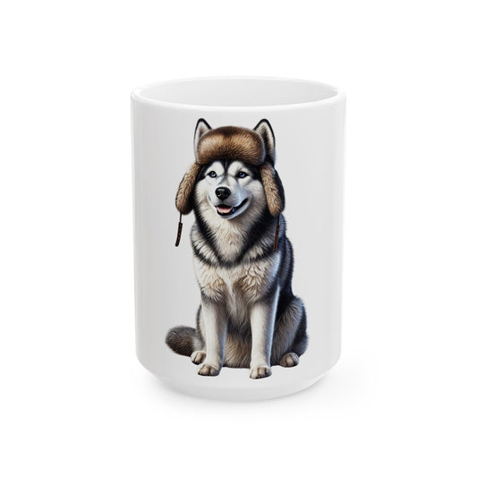 Husky Wearing a Fur Hunter Hat - Ceramic Mug