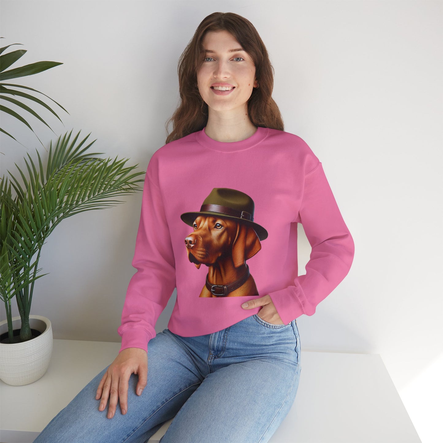 Dashing Vizsla Wearing A Campaign Hat- Adult Crewneck Sweatshirt - Too Cute Pets