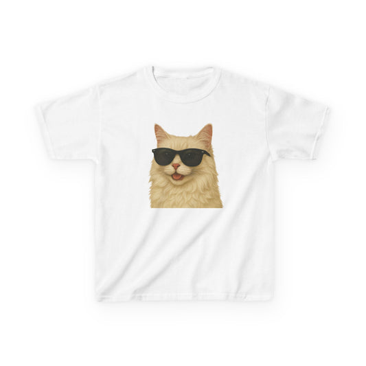 Cream Longhair Cat Wearing Sunglasses Kids Tee