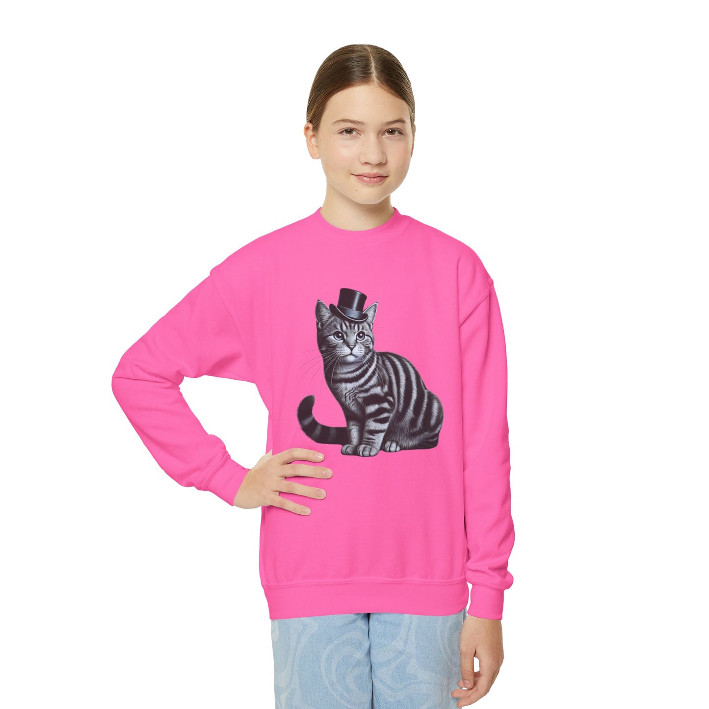 Tabby Wearing Top Hat Youth Sweatshirt (Black & White Image) - Too Cute Pets
