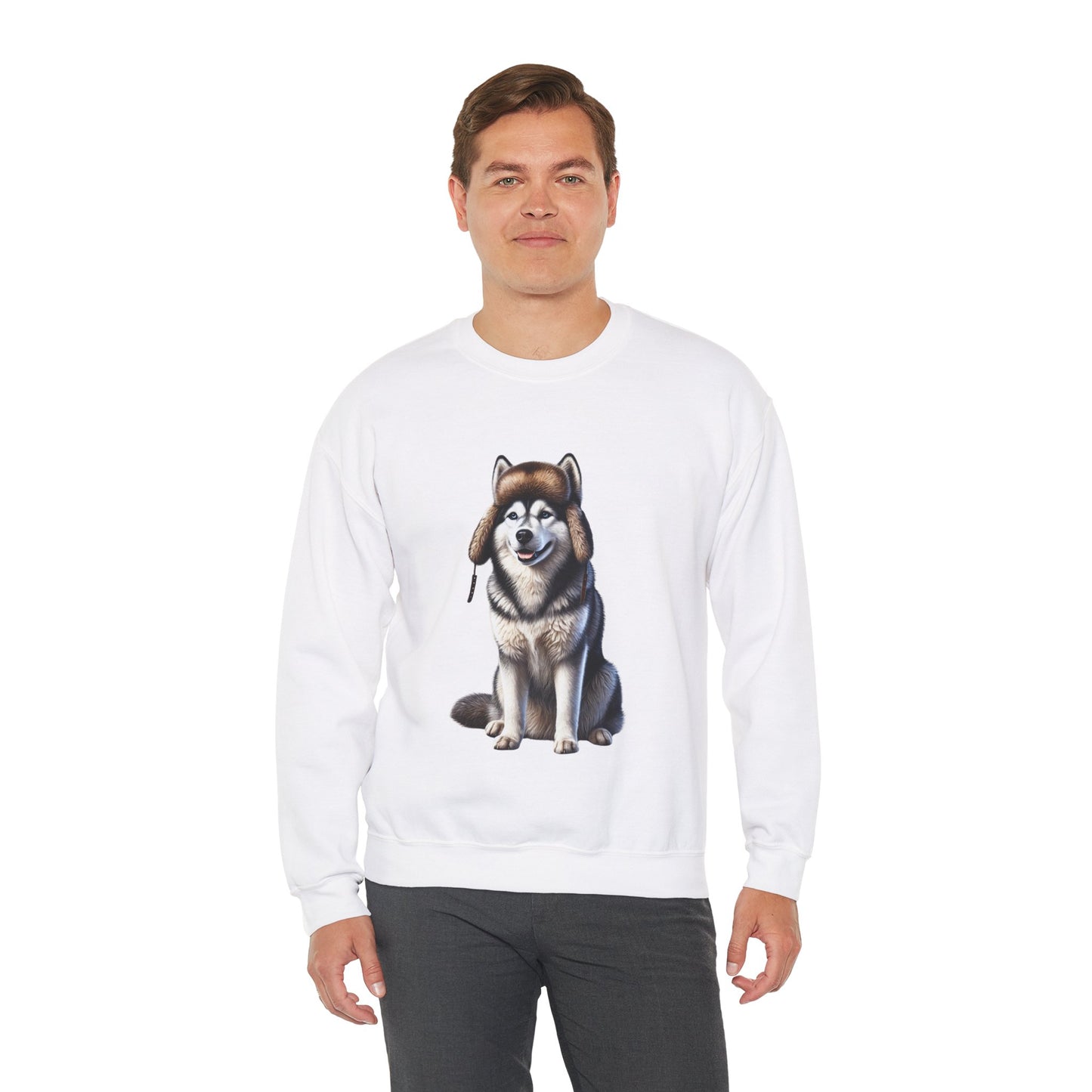 Husky in Fur Trappers Hat - Adult Crewneck Sweatshirt - Too Cute Pets