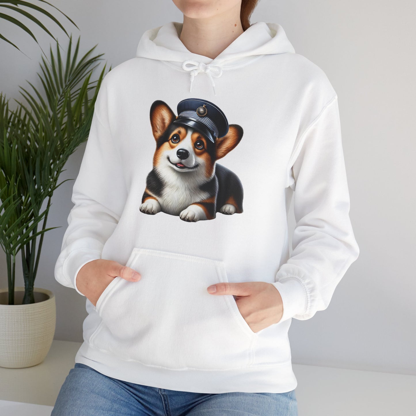 Cute Corgi Wearing A Train Conductors Hat - Adult Hoodie - Too Cute Pets