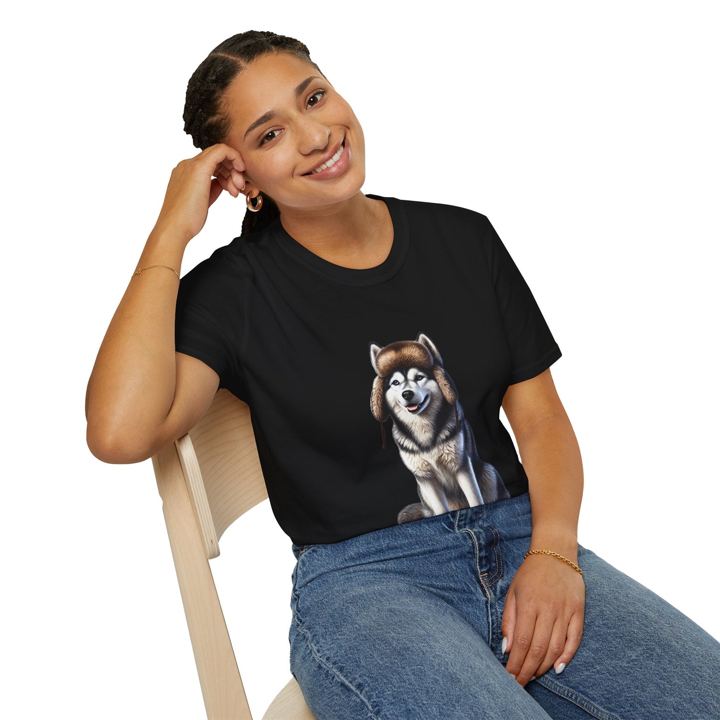 Husky Wearing A Fur Trappers hat- Adult T-Shirt - Too Cute Pets