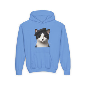 Tuxedo Cat Wearing A Beret- Youth Hoodie Sweatshirt - Too Cute Pets