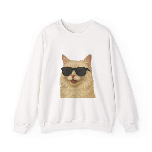 Cream Longhair Cat Wearing Sunglasses - Adult Crewneck Sweatshirt