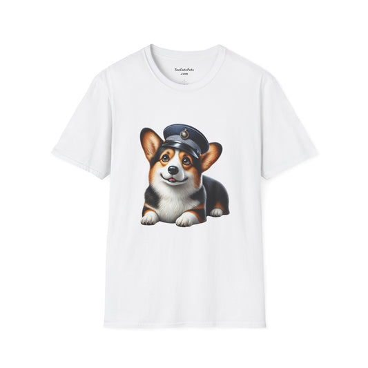 Cute Corgi Wearing A Train Conductors Hat - Adult T-Shirt - Too Cute Pets