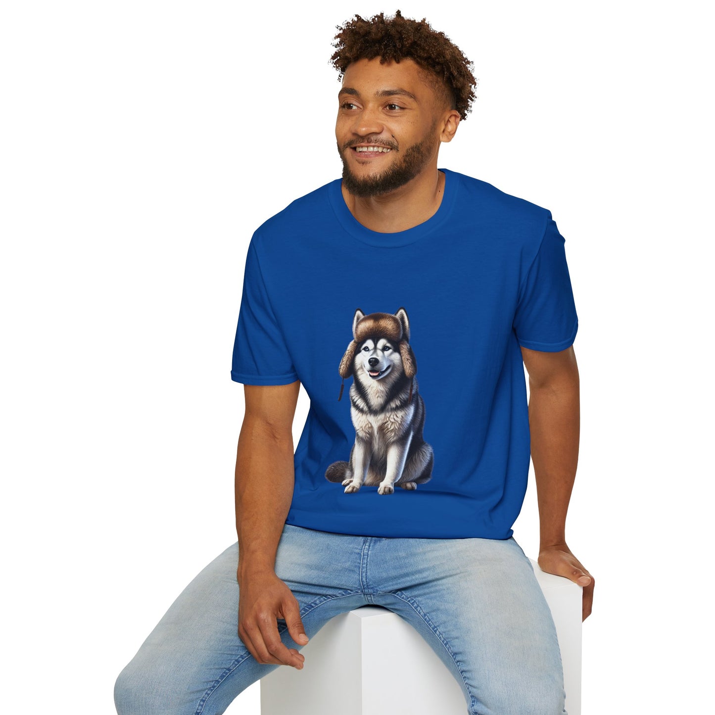 Husky Wearing A Fur Trappers hat- Adult T-Shirt - Too Cute Pets