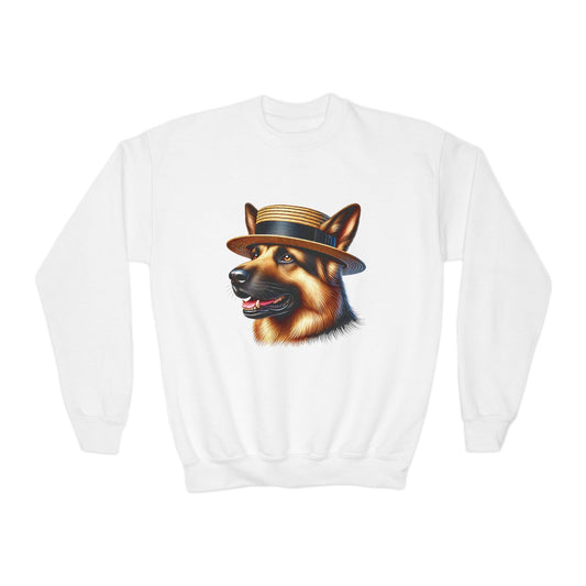German Shepherd With Boater Hat - Youth Crewneck Sweatshirt