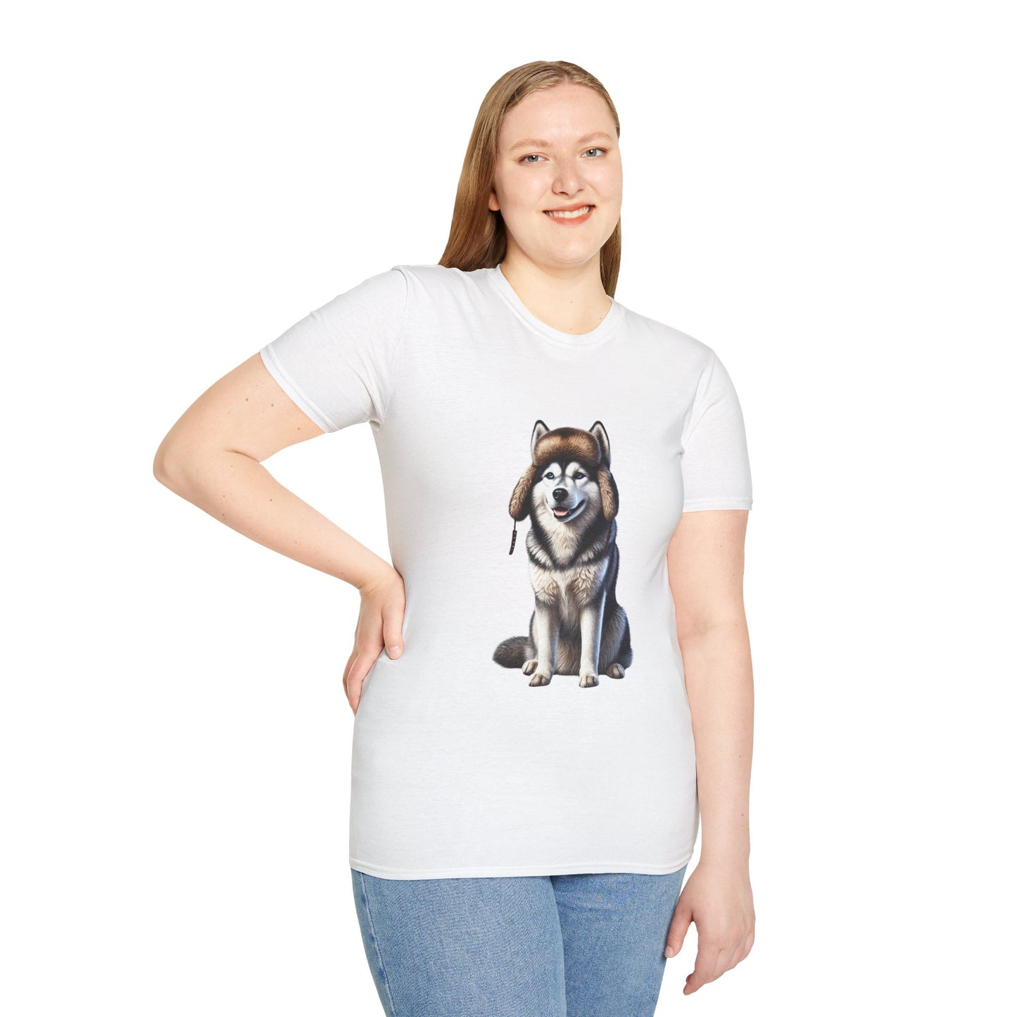 Husky Wearing A Fur Trappers hat- Adult T-Shirt - Too Cute Pets
