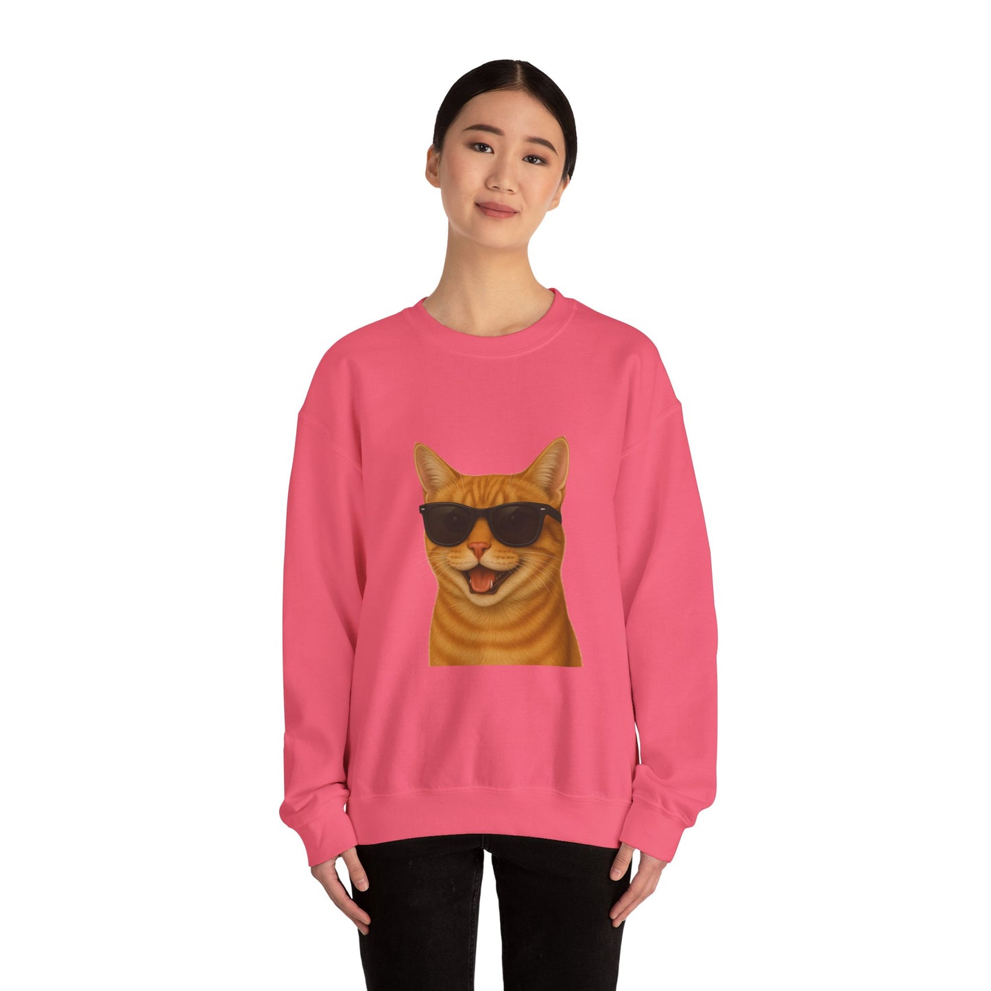 Orange Tabby Cat Wearing Sunglasses - Adult Crewneck Sweatshirt