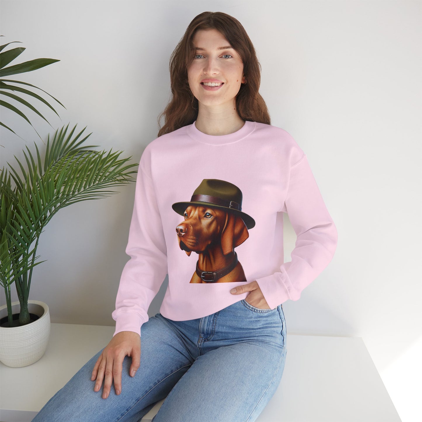 Dashing Vizsla Wearing A Campaign Hat- Adult Crewneck Sweatshirt - Too Cute Pets