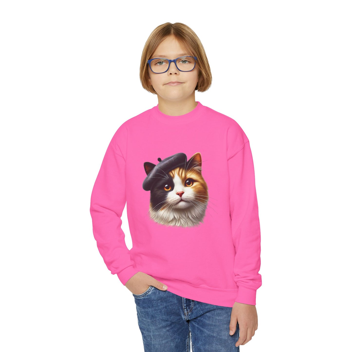 Calico Cat Wearing Beret Sweatshirt - Youth Crewneck Sweatshirt - Too Cute Pets
