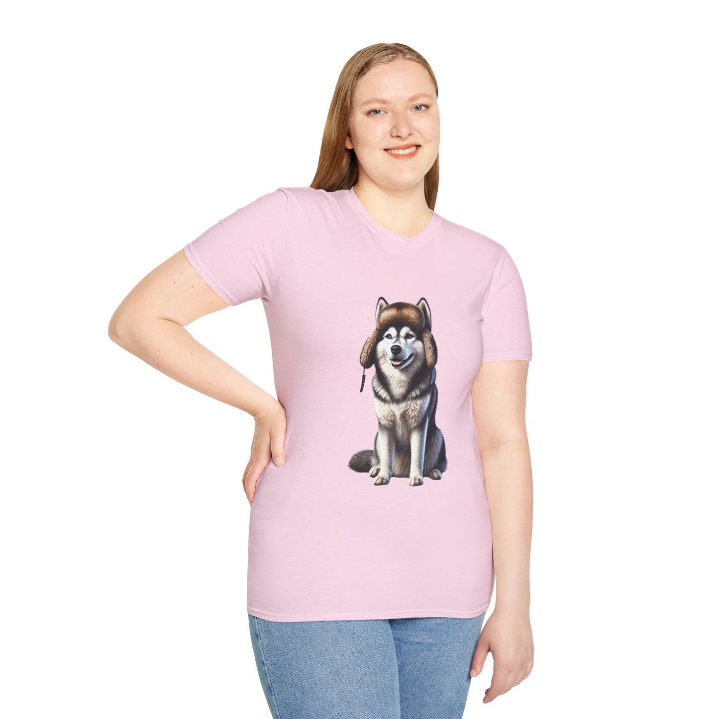 Husky Wearing A Fur Trappers hat- Adult T-Shirt - Too Cute Pets