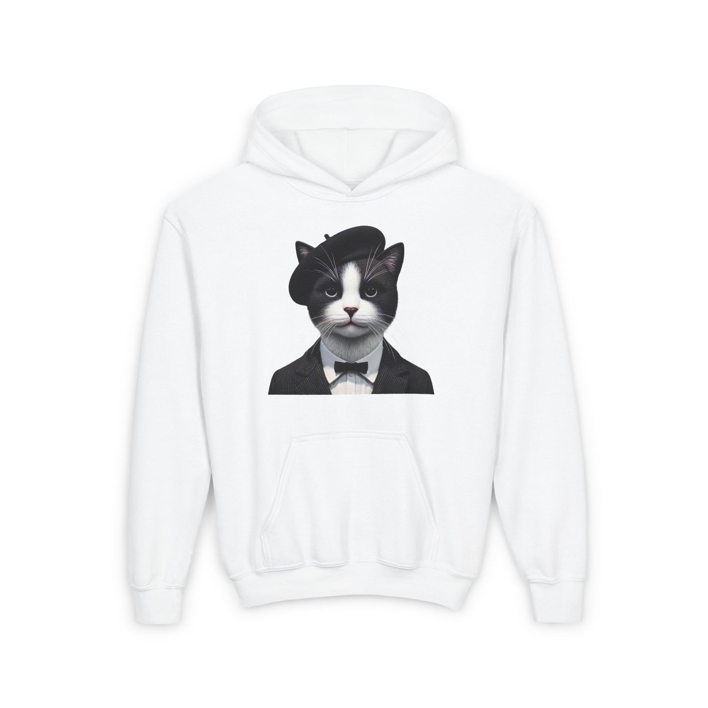 Tuxedo Cat Wearing A Tuxedo And A Beret- Youth Hoodie - Too Cute Pets