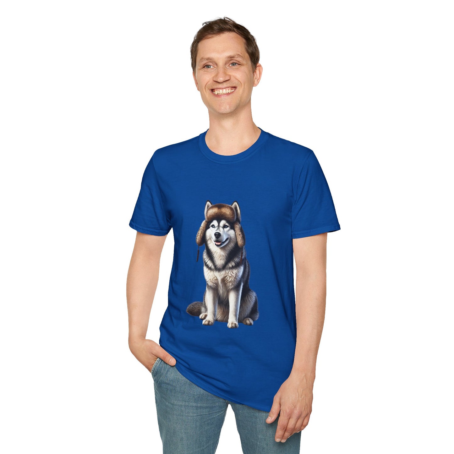 Husky Wearing A Fur Trappers hat- Adult T-Shirt - Too Cute Pets