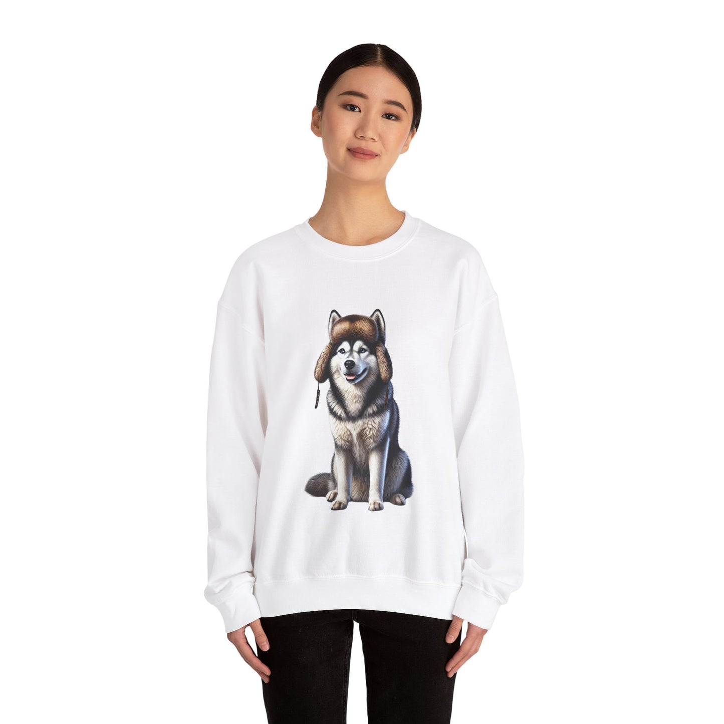 Husky in Fur Trappers Hat - Adult Crewneck Sweatshirt - Too Cute Pets