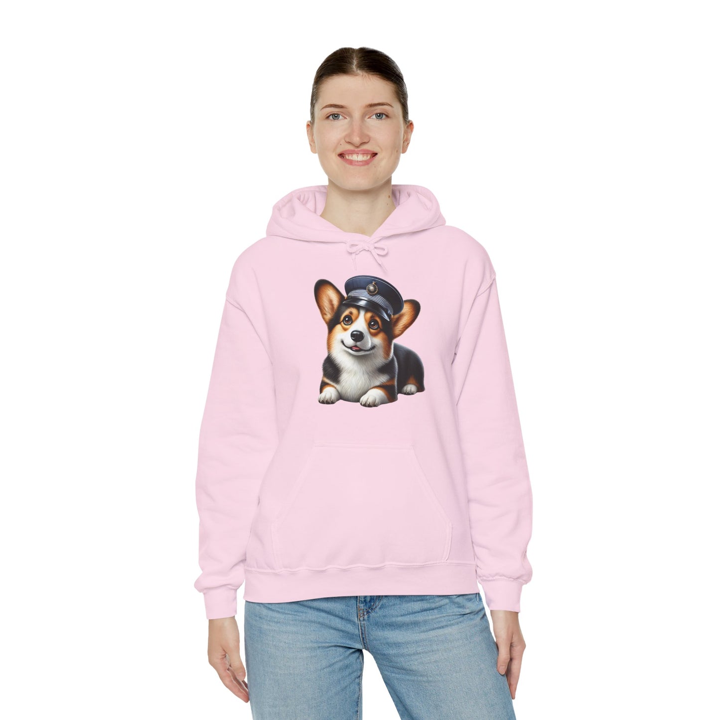 Cute Corgi Wearing A Train Conductors Hat - Adult Hoodie - Too Cute Pets