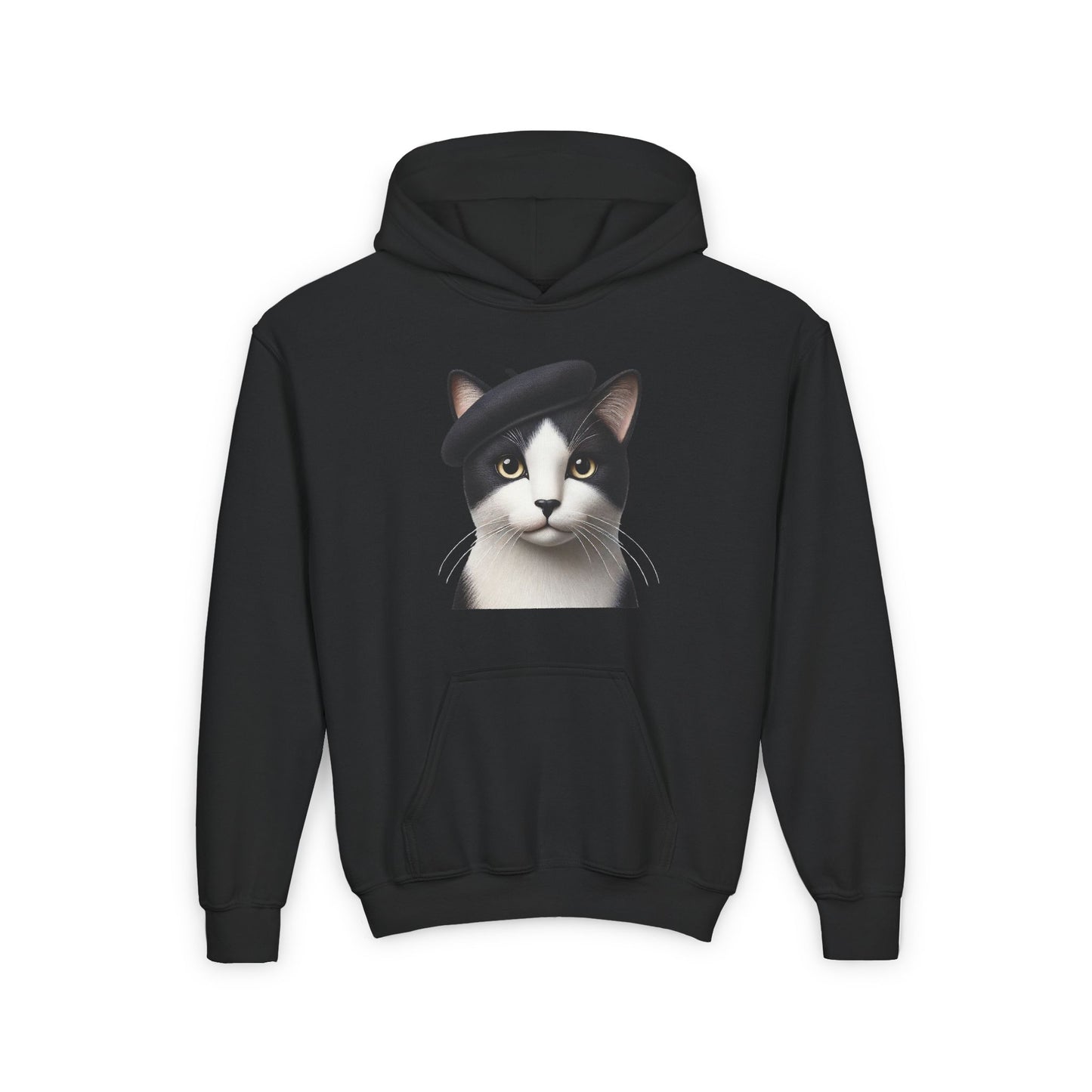 Tuxedo Cat Wearing A Beret- Youth Hoodie Sweatshirt - Too Cute Pets